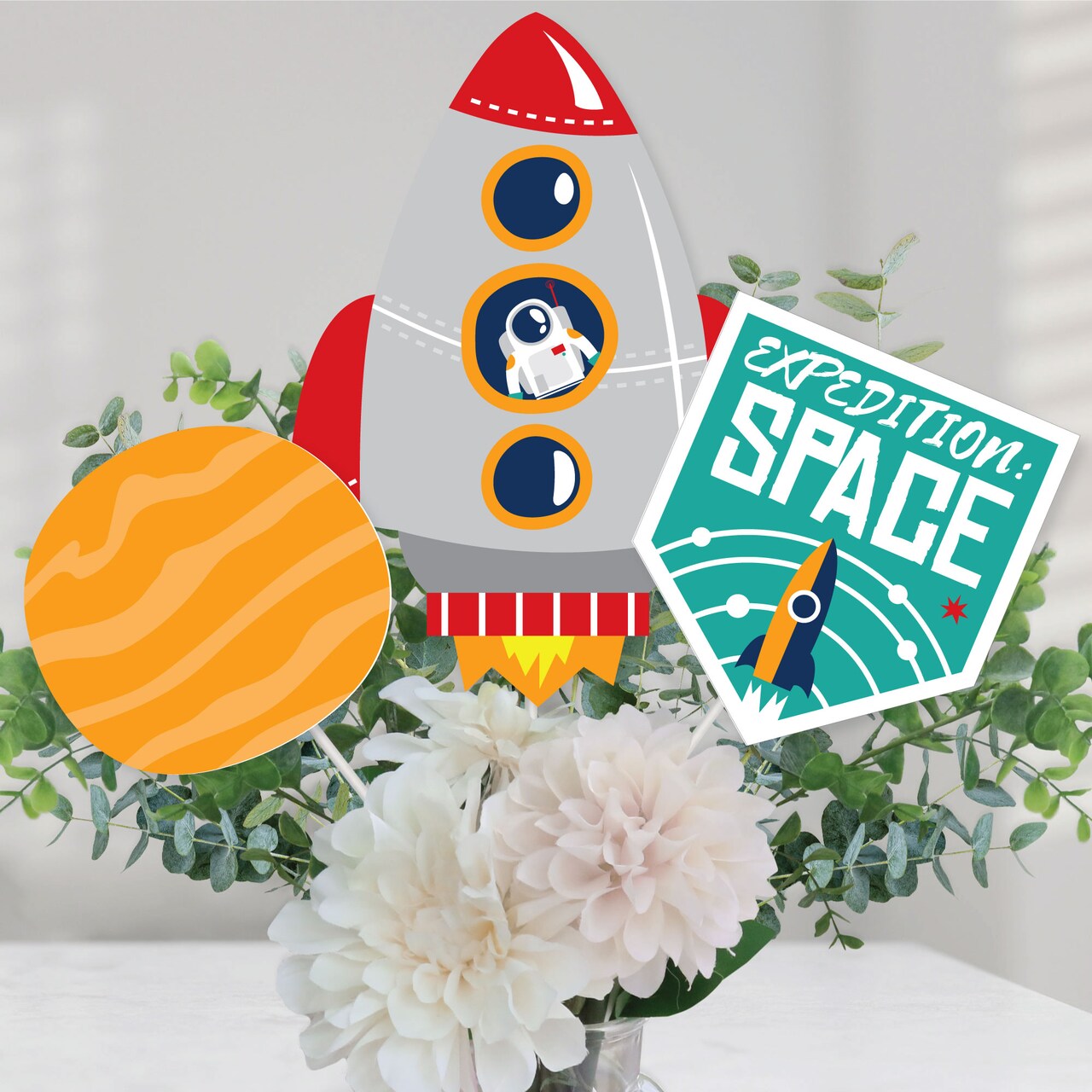 Big Dot of Happiness Blast Off to Outer Space - Rocket Ship Baby Shower or Birthday Party Centerpiece Sticks - Table Toppers - Set of 15